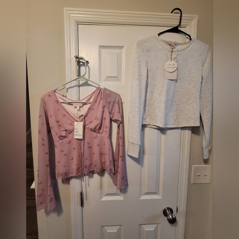 See You Monday Pink and Gray Long Sleeve Tops